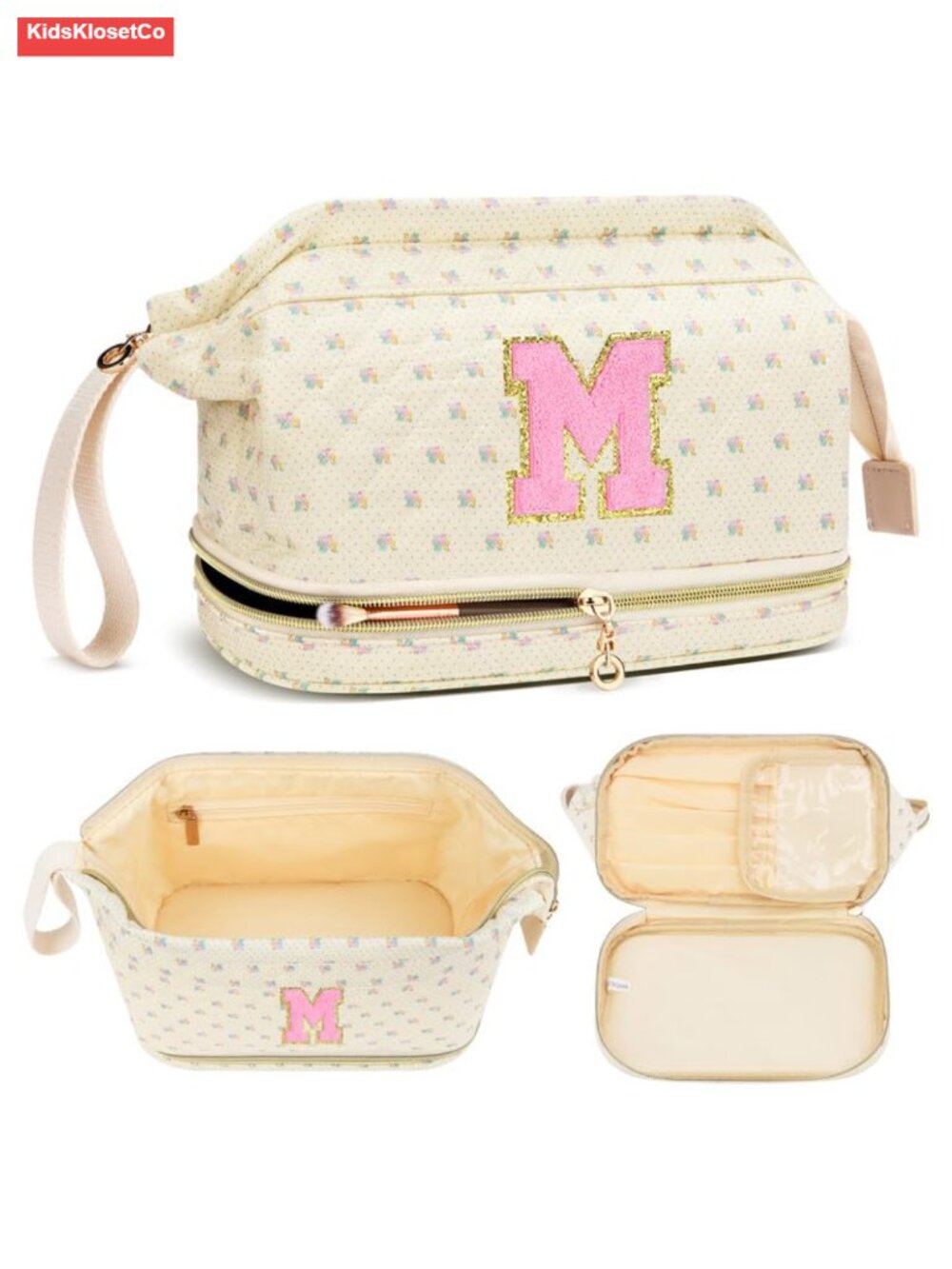 Personalized Initial Quilted Makeup Bag with Brush Organizer, Travel Toiletry